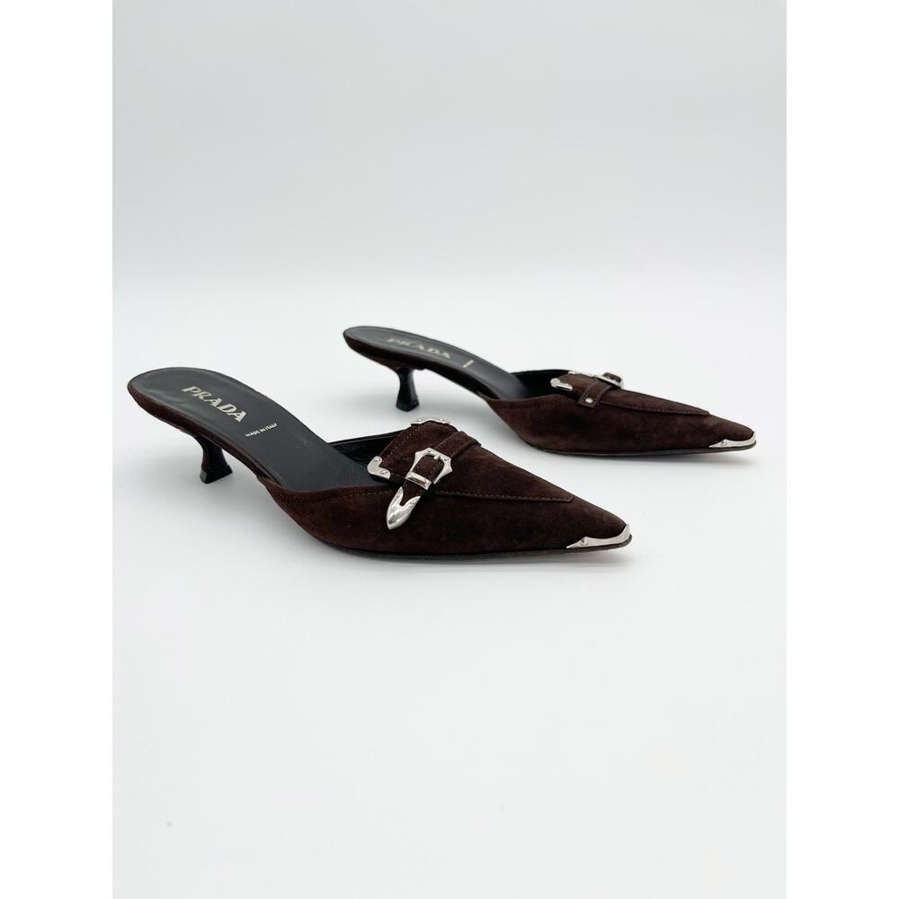 Prada Retro Vintage Y2K Brown Suede Western Buckle Kitten Heel Mules IT 35 - Picture 2 of 10